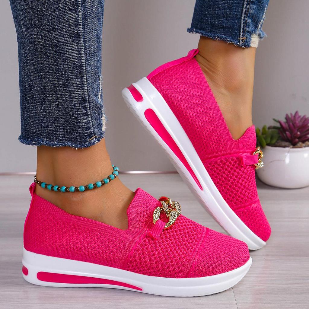 Fashion Women Pink Casual Shoes Breathable Mesh Shoes Woman Lightweight Chain Shallow Ladies Wedge Heels Shoes Spring Autumn Loafers