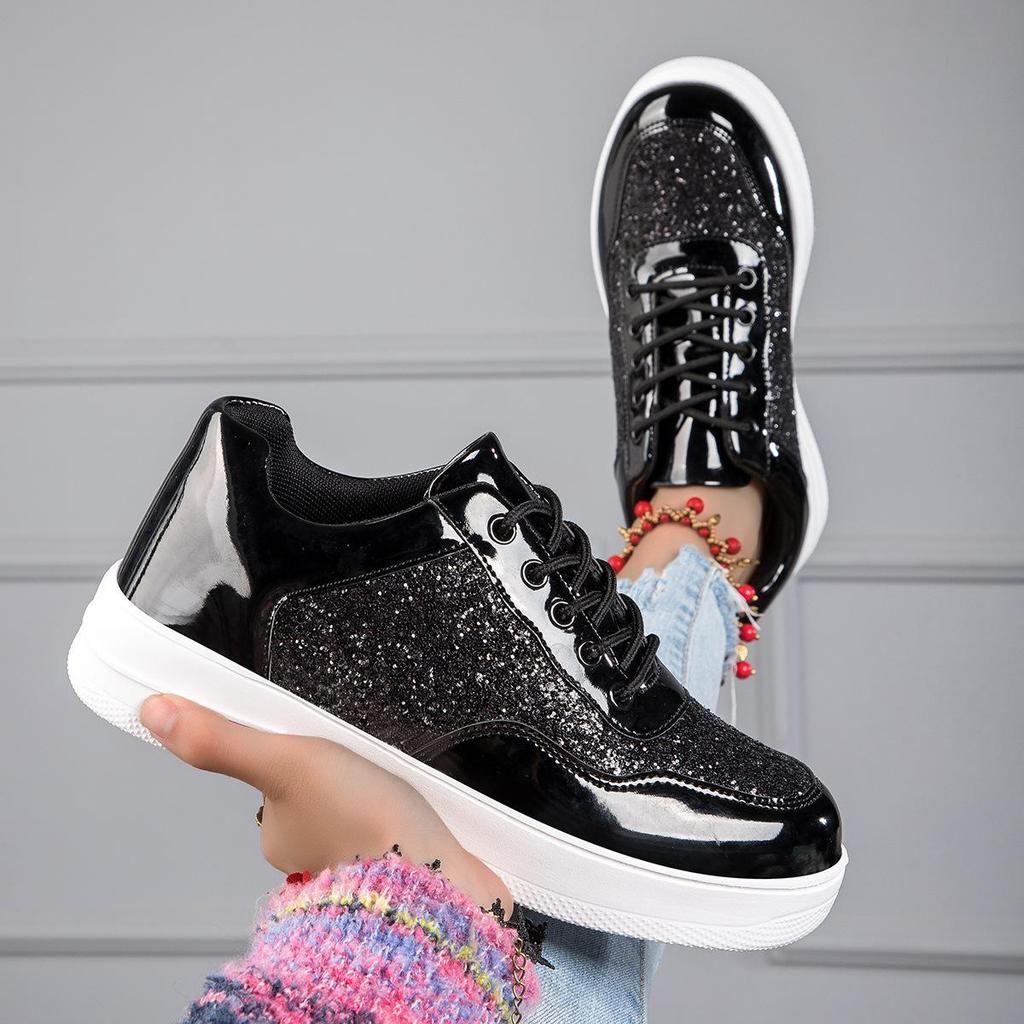Fashion Shiny Silver Women Casual Shoes Leather Platform Sports Shoes Woman Glitter Bling Sneakers Black Flat Sneakers Skateboard Shoes