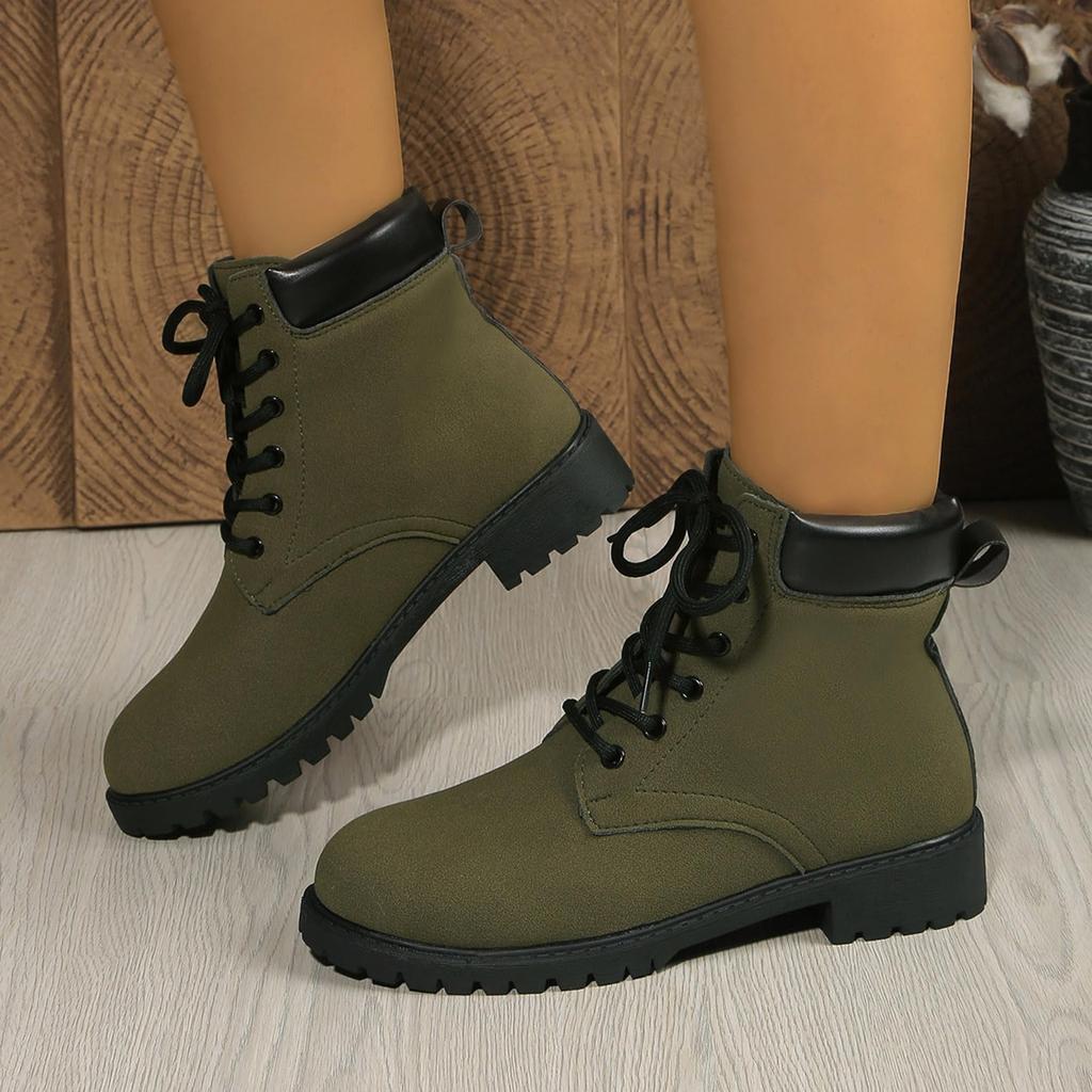 ZSpzx Damenstiefel Uni Wildleder Profilsohle Klobige Blockabsätze Runde Zehenpartie Kurze Lässige Stiefeletten Reiten Stilvoll Wandern Komfort Retro - Schuhe