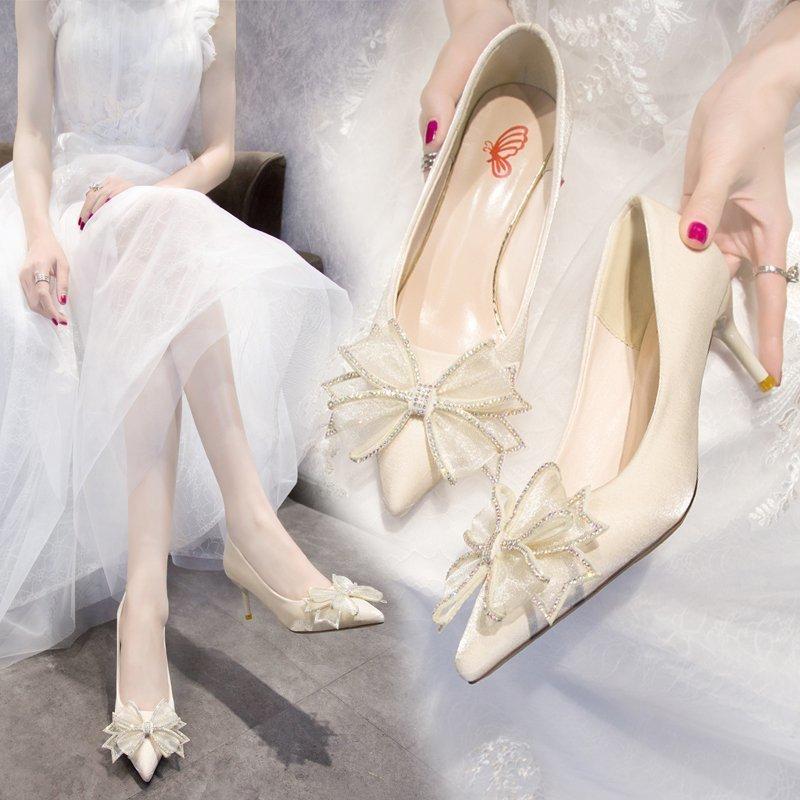 High Heel Shoes For Women With Butterfly Bow Water Dots Leathercombination For Daily Wear
