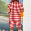 Women Plus Size Brown Blue Plaid Printed Round Neck Short Sleeve Top And Fitted Shorts Two Piece Set