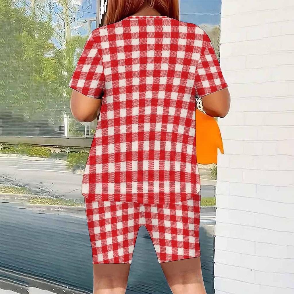 Women Plus Size Brown Blue Plaid Printed Round Neck Short Sleeve Top And Fitted Shorts Two Piece Set
