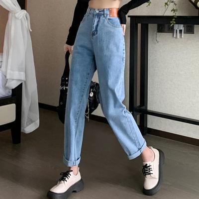 DIMANAF 2025 Damen Frühling Plus Size Elastische Jeanshose Weibliche Knöpfe Gerade Basic Hohe Taille Hose Blau Lange Hose
