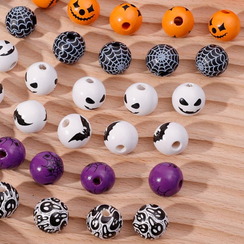Halloween DIY Printed Wood Beads Multicolor Funny Handmade Wooden Bead Bracelet Hand String Making Accessories Festival Props