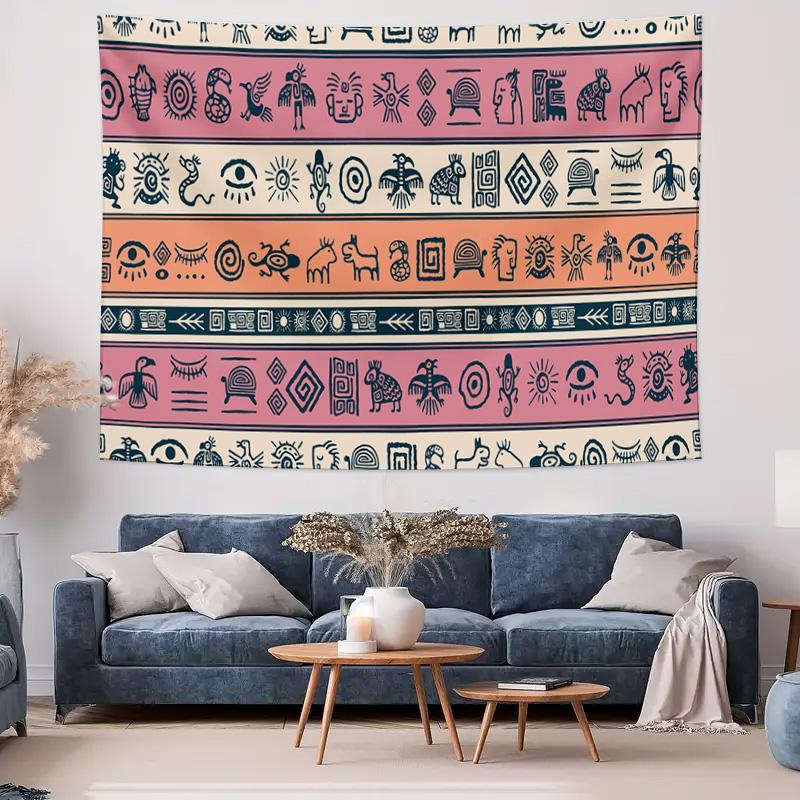 Ancient Tribal Symbol Pattern Wall Tapestry Machine Washable All Season Decor Art Print Ethnic Mythical Design Home Easy toclean