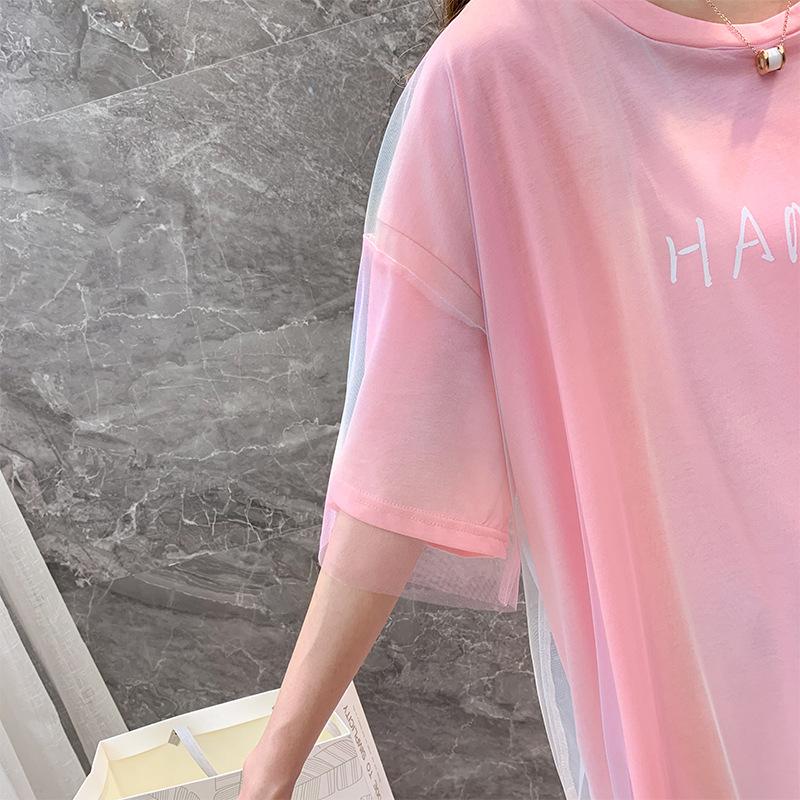 Dámské postupné barevné síťované šaty s krátkým rukávem, letní volná velká verze dlouhých falešných dvou šatů