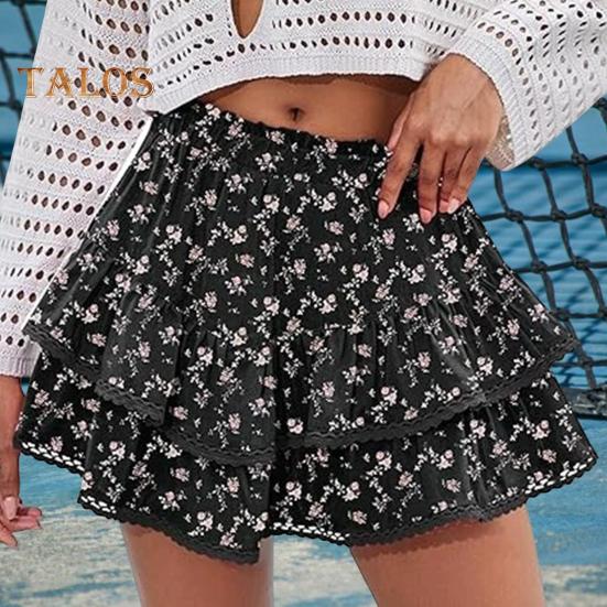 Women Cake Skirt High Waisted Double-Layered Ruffle Bohemian Mini Skirt with Elastic Waistband Lace Hem Skirt