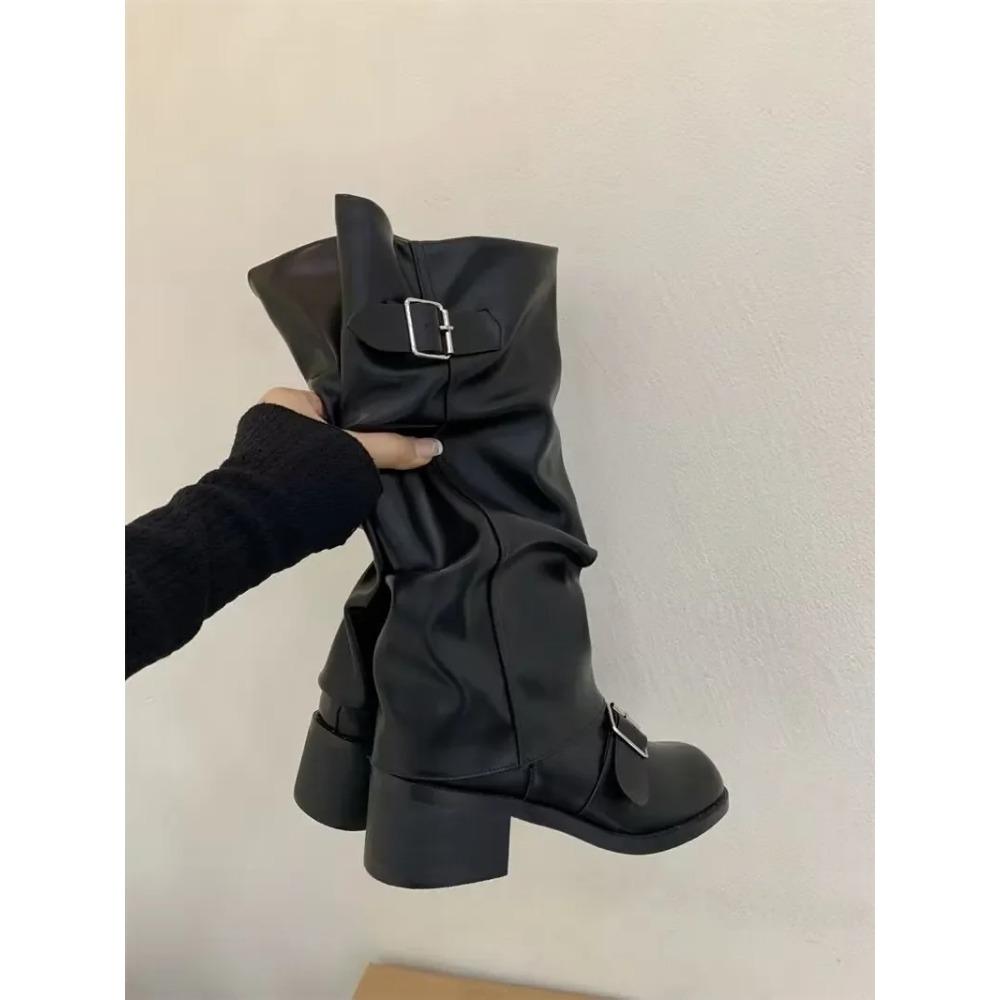 Damenstiefel Kniehoch Plateau Klobige Absätze Trend Punk Gothic New Rock Leder Mode Damenschuhe Motorradschuhe