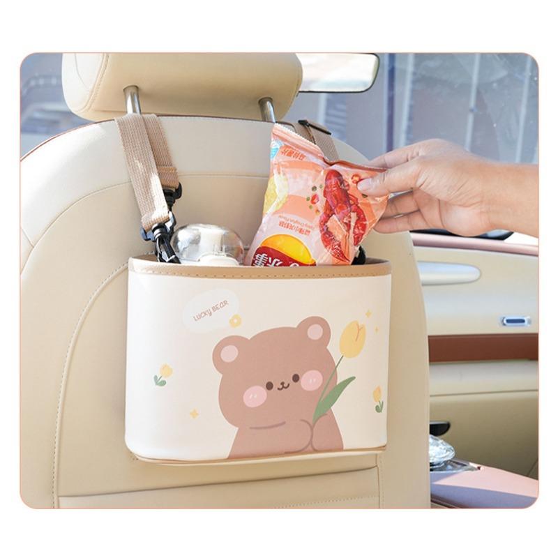 Cartoon Bear Car Trash Bin Leather Print Hanging Car Storage Organizer