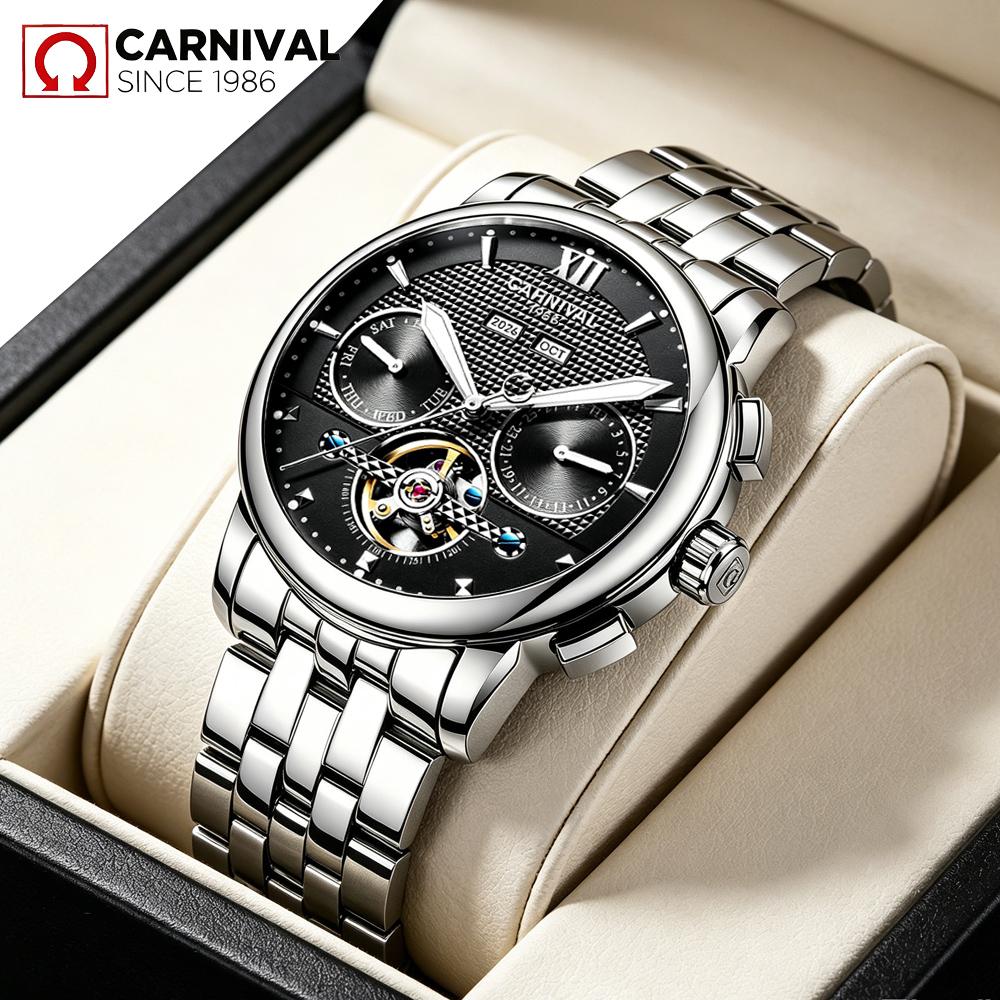 CARNIVAL Orologi Meccanici Automatici Calendario Perpetuo Sportivi Uomo Acciaio Completo Lusso Tourbillon Orologio Luminoso Reloj Hombre