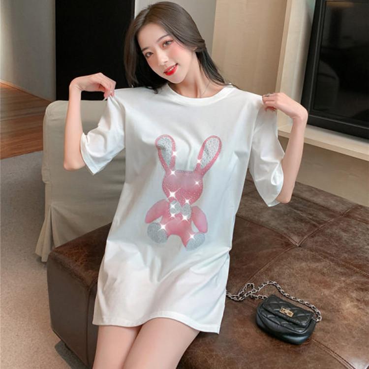 

Белая футболка с коротким рукавом для женщин Летом Тяжелая промышленность Алмазный утюг Свободный топ с рукавом до локтя XXXL белый