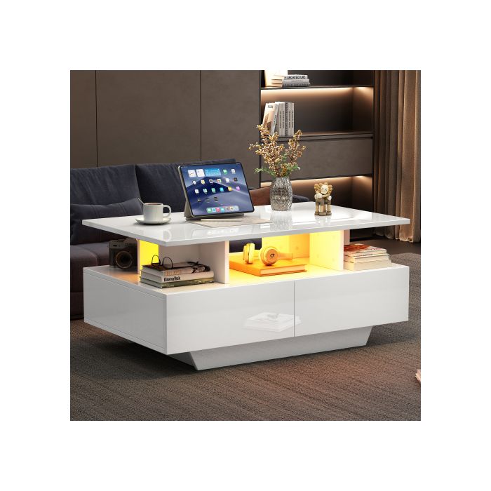 Măsuță de cafea - MUVOE - 90x55x41 cm - Iluminare LED - 2 sertare - Sarcină maximă. 30 kg