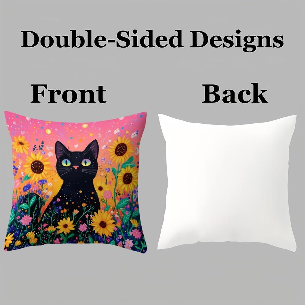 Black Kitten With Floral Pattern Single-Sided Digital Printing Pillow Cover Short Plush Suitable Living Rooms Bedrooms Sofas