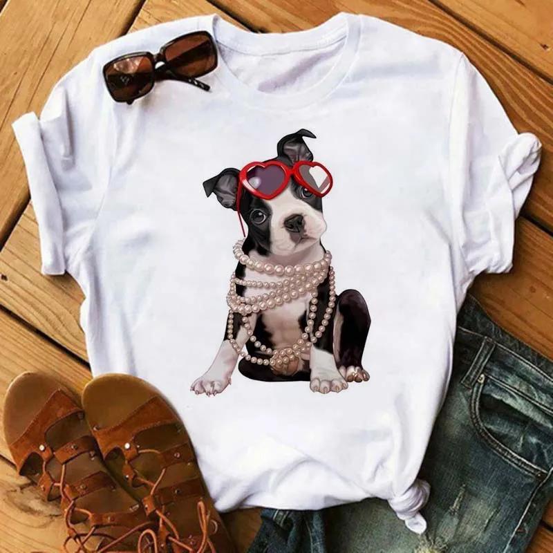 Fun Cute French Bulldog T-shirts Animal Harajuku Print Pattern Short Sleeves  Pure Cotton Women's T-shirts
