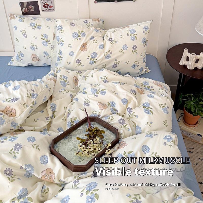 Double Yarn Bedding Four-piece Set Skin-friendly Breathable and Comfortable, Washed Sheets Quilt Covers Pillowcases