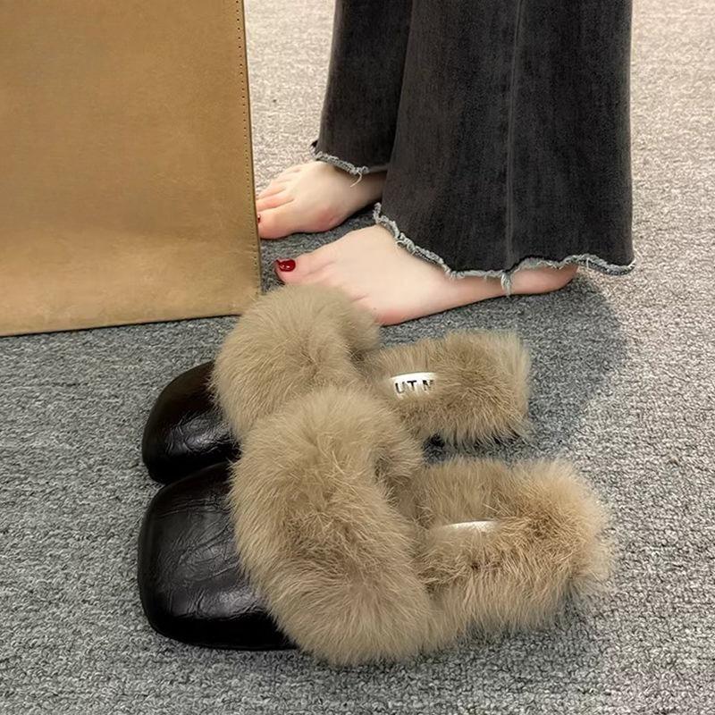 Fashion Women's Flat Slippers Autumn Winter Fashion Outdoor Warm Non Slip Plush Shoes Lightweight Comfortable Casual Half Slippers