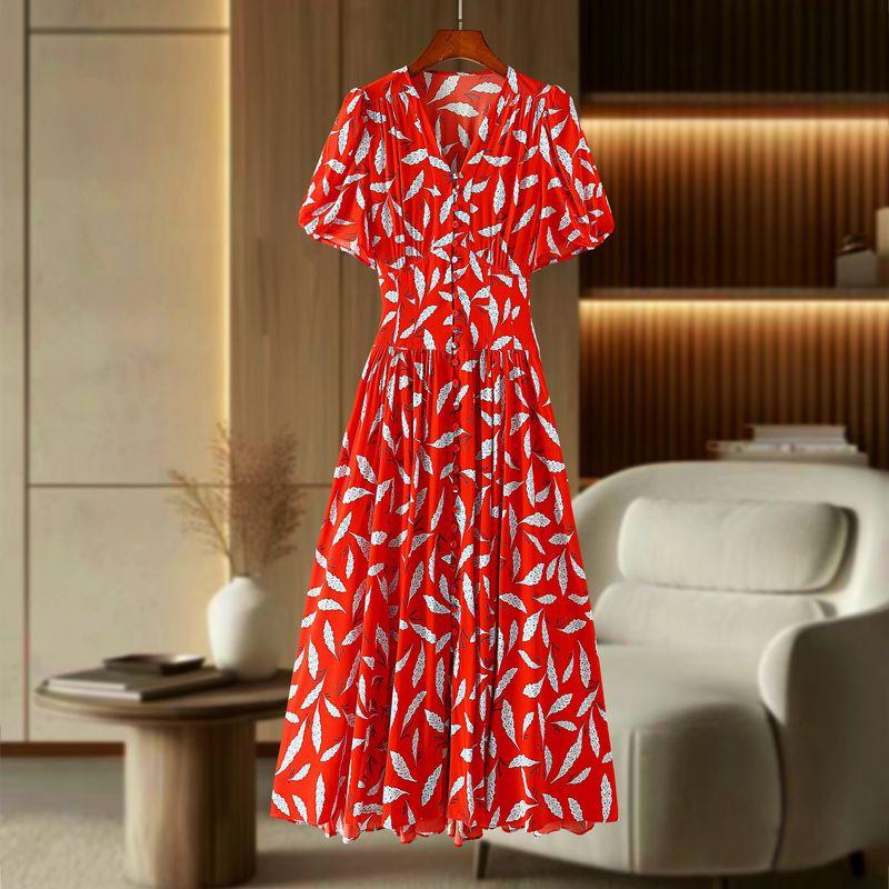 

French Elegance Autumn New Arrival D Pure Original Export Temperament Waist-Controlled Slimming Print Dress Tea Dress 3050 Red us10