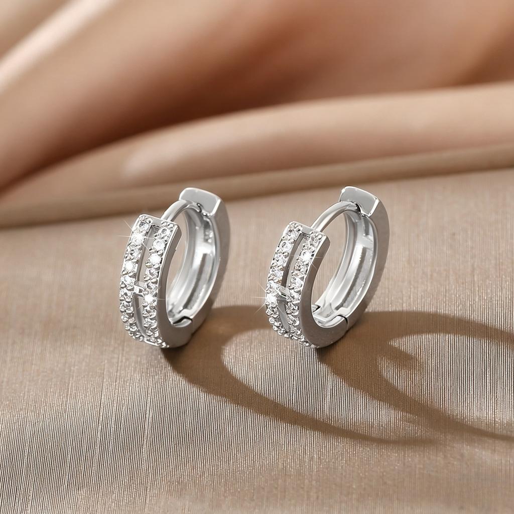 Fashion Zircon Double Layer Huggie Hoop Earrings for Women Vintage Stainless Steel Round Circle Earring Bling Party Jewelry Gift
