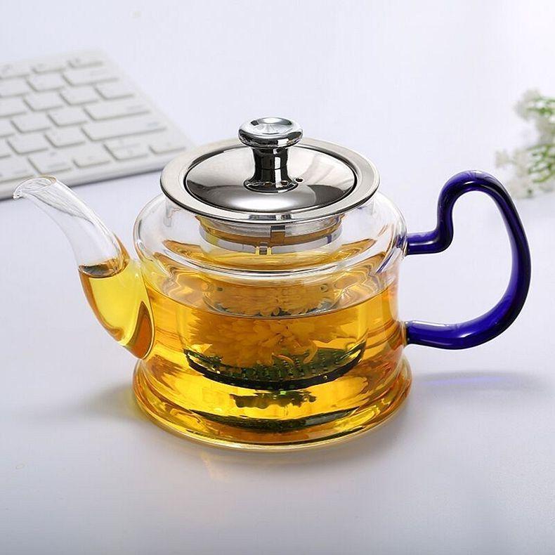Heat-Resistant Glass Teapot Set with Stainless Steel Infuser and Colored Handle Teacups