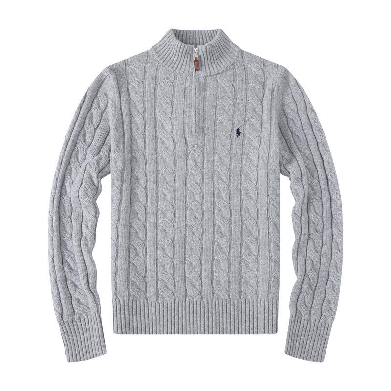 Paul Herren Polo-Pullover aus Kabelstrickwolle und Baumwolle mit halbem Reißverschluss, halbem Stehkragen, kleinem Pferde-Logo, Langarm