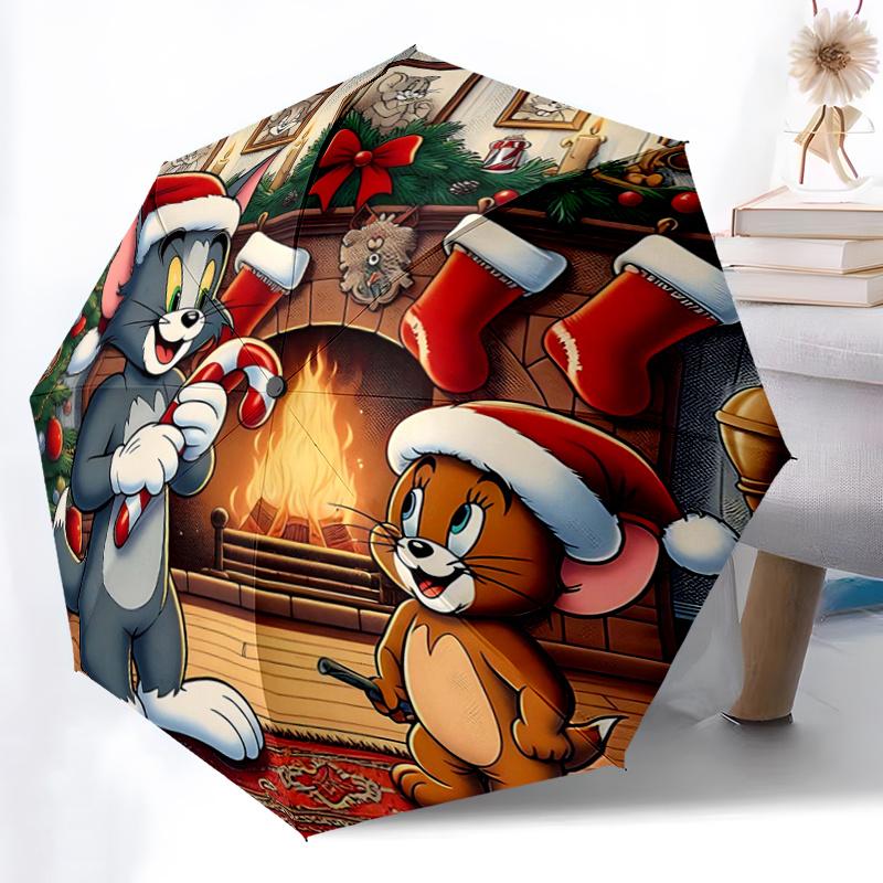 1pc Tom and Jerry's Christmas Adventure Durable Cartoon Folding Cartoon Umbrella, Portable 3-Fold Compact Umbrella for Men and Women, Suitable fo
