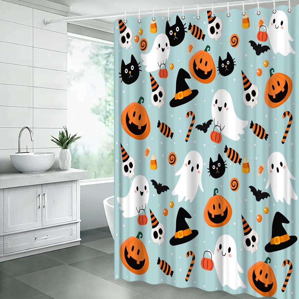 Halloween Shower Curtain Cute Ghost Pumpkins Cartoon Spooky Skull Gothic Fabric Decorative Bathroom Curtains With Hooks,Teal
