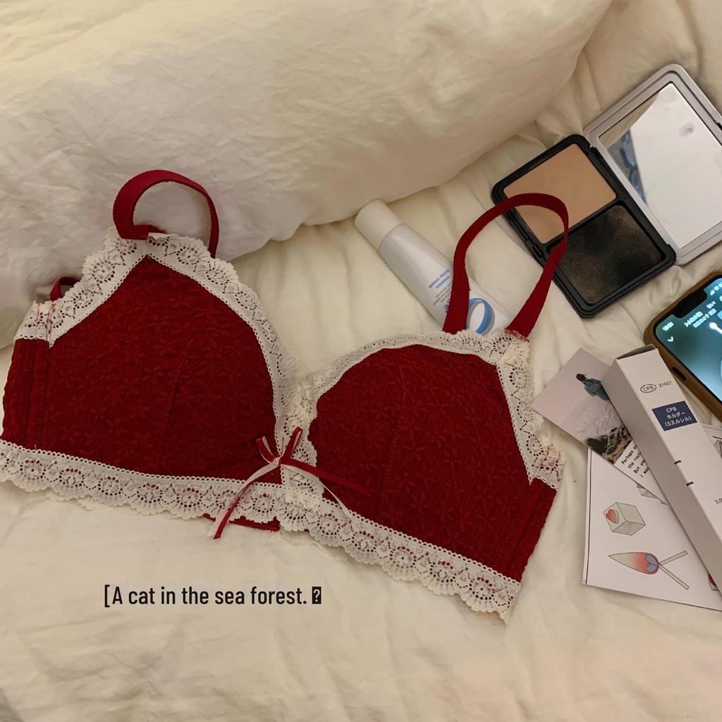 Women's Red Rabbit Year Lucky Sexy Wireless Bridal Bra Set - Gathered Bust