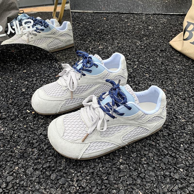 Korean version of color matching mesh splicing German training shoes 2025 summer height increase medium heel leisure sports style lace-up single s