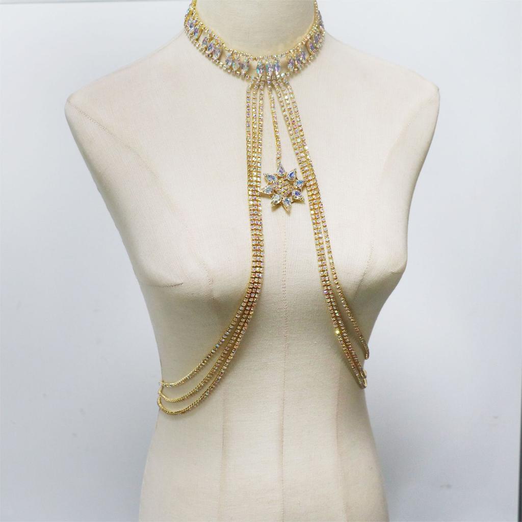 Sexy Rhinestone Breast Chain, Fashionable Sunflower Pendant, Fringed Breast Chain, Dinner Party Neck Jewelry Woman