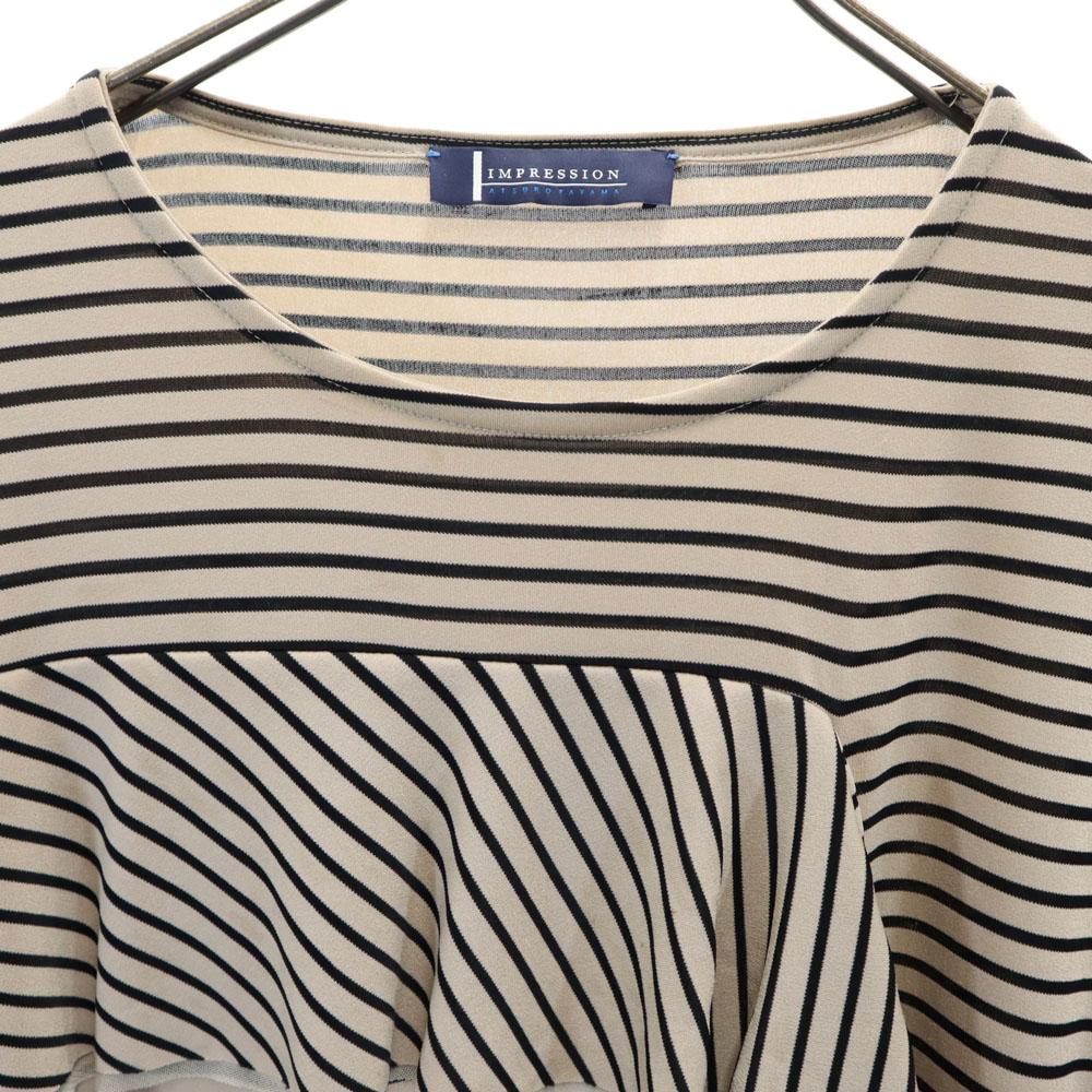 IMPRESSION Border Pattern Five-quarter sleeve one piece 36 beige Women Used