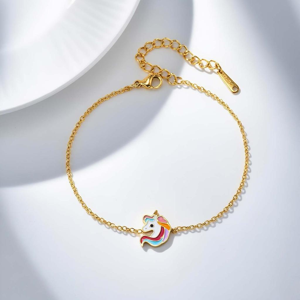 Pulsera Dulce con Patrón de Unicornio y Rosas para Mujeres Niñas, Pulseras de Elefante de Acero Inoxidable Color Dorado, Lindo Regalo de Joyería