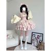 Süßes japanisches Lolita-Kleid für Damen, Gothic, Schleife, Spitze, Abendparty, Minikleider, Harajuku, Kawaii, schwarz, Vestidos, Halsbedeckung, Katzenohren, Kopfschmuck, Ärmel
