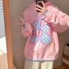 Fashionable Pink Printed Hooded Sweatshirt Women's Velvet Thickened Autumn and Winter College Style Loose Casual Jacket Top