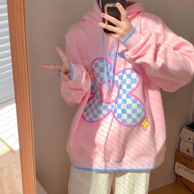 Fashionable Pink Printed Hooded Sweatshirt Women's Velvet Thickened Autumn and Winter College Style Loose Casual Jacket Top