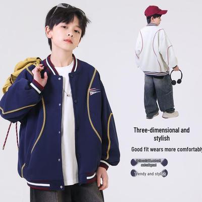 2026 Boys' Retro High Street Embroidered Baseball Jacket - Heavyweight Casual Spring/Autumn Outerwear