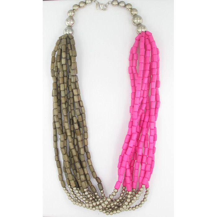 Collier long bronze et fuchsia
