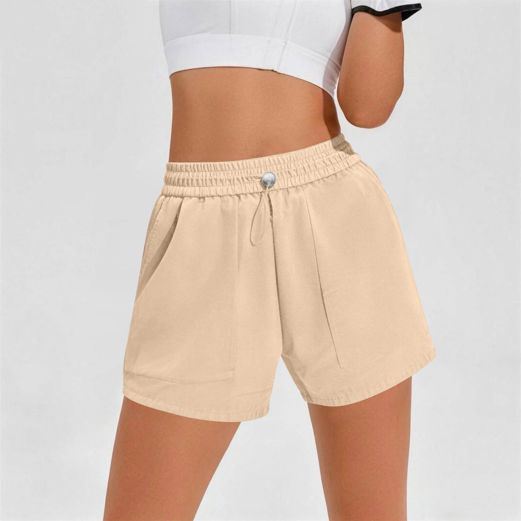 Women s Fashion Casual Loose-Fit Athletic Fitness Jogging Pocket Drawstring Sweatpants Shorts L бежевый