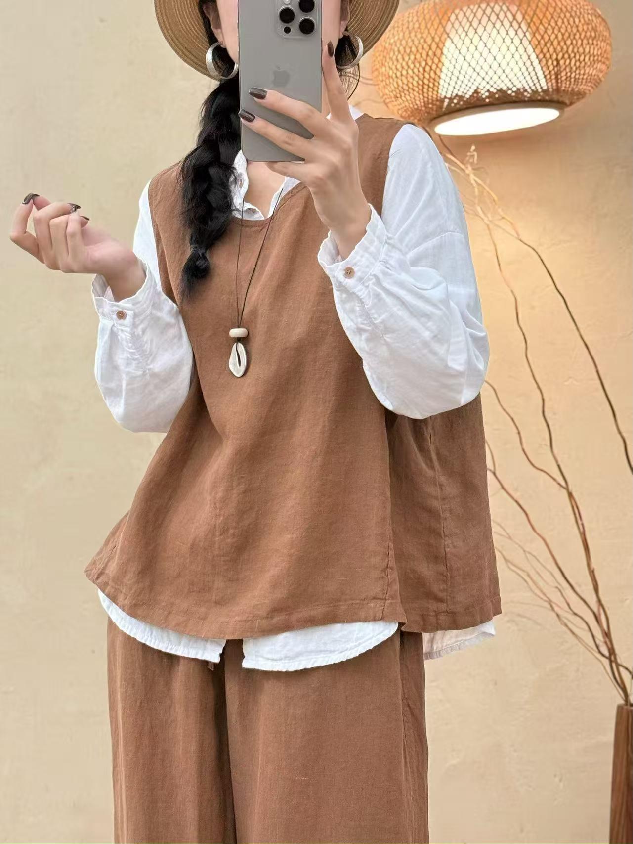 

Linen Vest & Casual Pants Set: New for Spring 2026. Stylish, Solid Color, Artistic, Versatile, Loose Fit. One Size