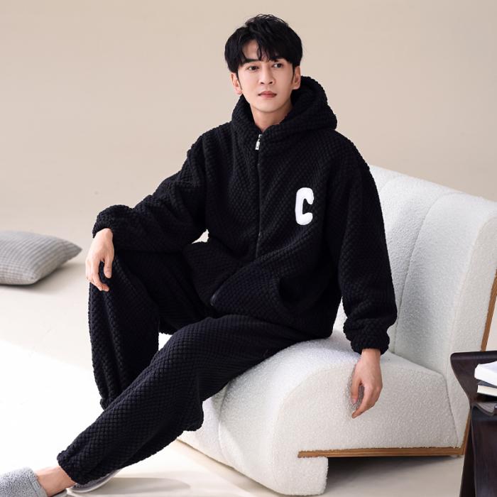 Men's Coral Fleece Lined Hooded Thickened Sleepwear Cardigan Home Clothes Sports Set Winter Warm Cozy Flannel Pajamas Suit