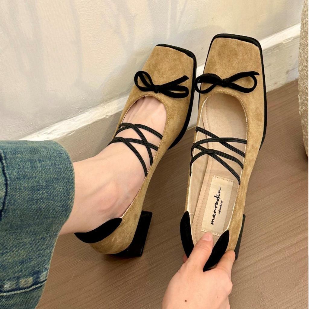 Tide Brand 2025 Korean Version Retro Suede Bow Evening Wind Mary Jane Shoes Spring and Autumn New Versatile Thick Heel Single Shoes Women