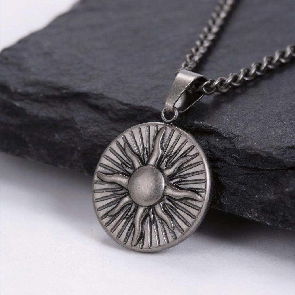 Vnox Sunburst Pendant Necklace for Men, Gold Plated Gray Stainless Steel Link Chain, Trendy Jewelry Gift for Husband Son Dad