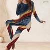 Women Plus Size Printed Two Piece Set Round Neck Long Sleeve Longline Top Fitted Pants