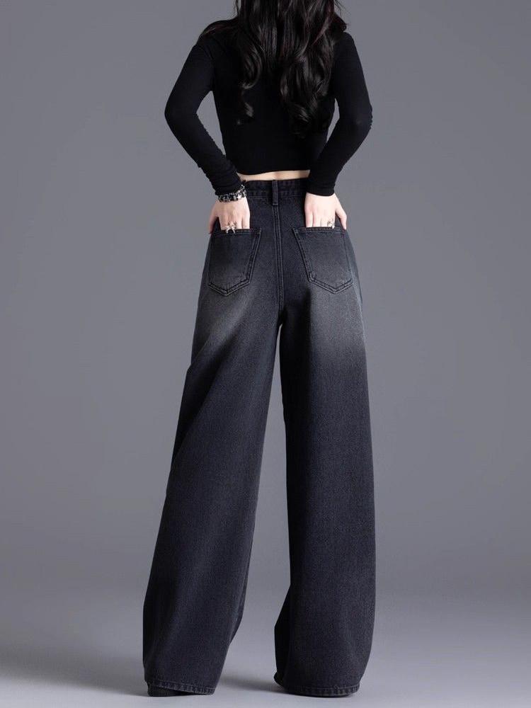 Spring 2026 Black High-Waisted Wide-Leg Striped Jeans for Women - Versatile Loose Fit for Pear-Shaped Figures
