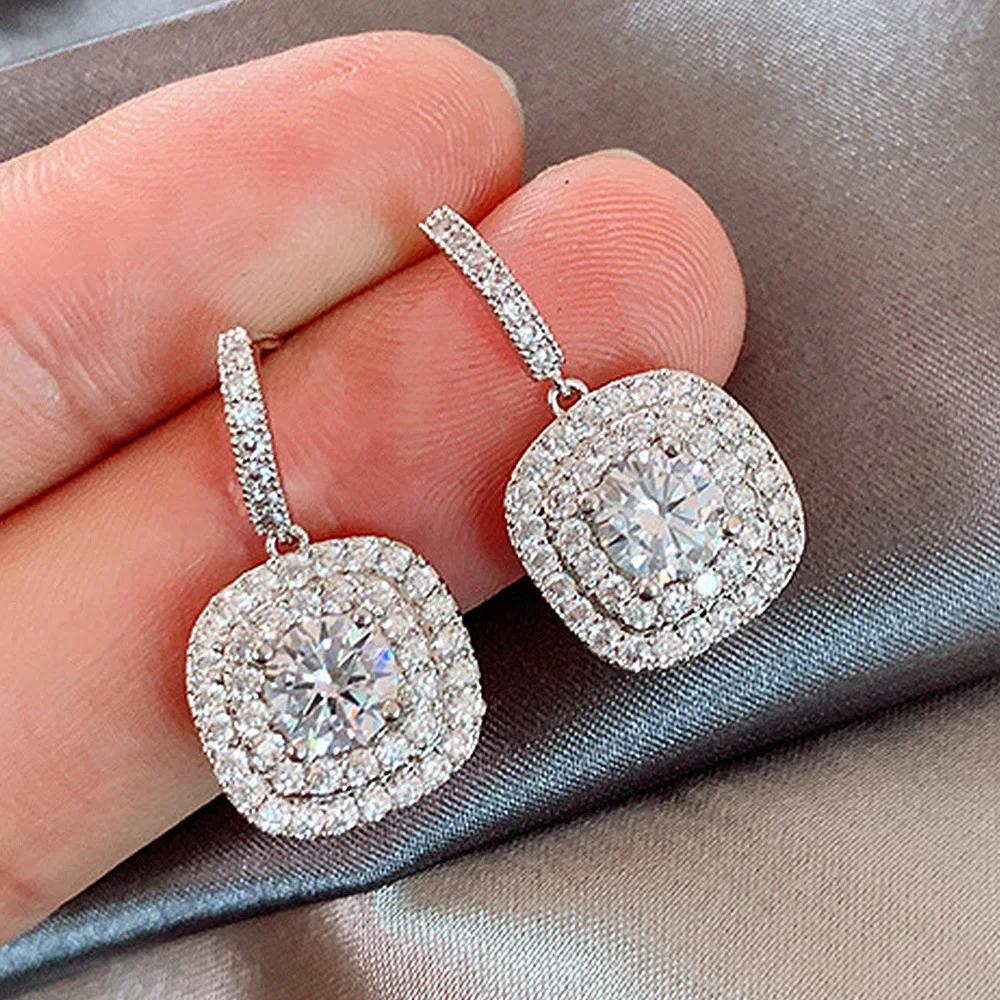 Gorgeous Microinlay Cubic Zirconia Square Sterling Silver Dangle Drop Earrings Dainty Wedding Engagement Party Earring