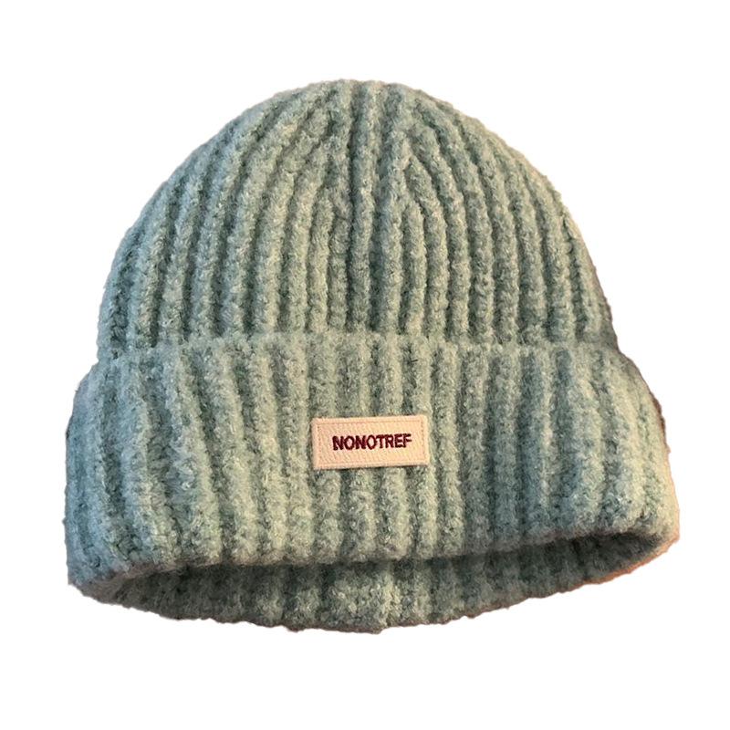 Blue Knitted Wool Hat for Women In Autumn and Winter Big Head Versatile Hat Showing Face Small Warm Ear Protection Head Hat