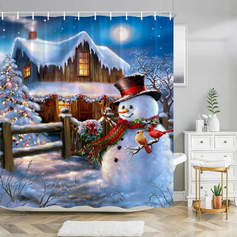 Red Christmas Shower Curtain Xmas Tree Print Bath Home Decor Winter Holiday New Year Bathroom Curtains Hooks Made Of Polyester Washable Washroom Ready