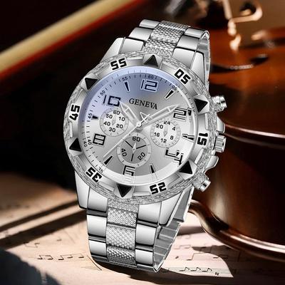 3PC Silver Business Men's Watch Set Luxury Fashion Quartz Watch Bracelet Necklace Set Suitable for Daily Clothing Matching