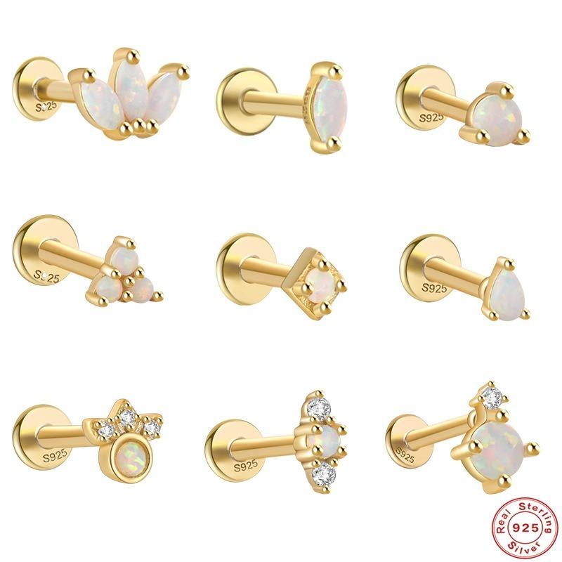 Pure Silver 925 Opal Flat Head Piercing Jewelry Classy Perforated Threaded Ear Bone Nail Ears