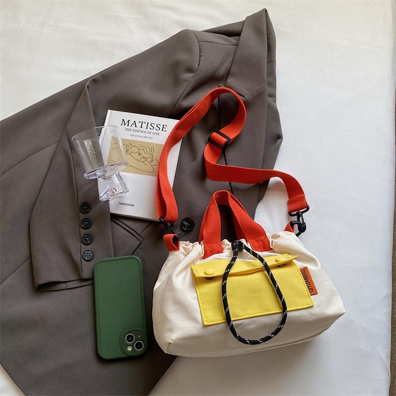 Fashion Color Blocking Design Neutral Drawstring Canvas Shoulder Crossbody Bag For Casual Girls Daily Use