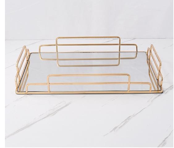 

Golden Stroke Glass Mirror Rolling Tray Nordic Large Rectangle Tea Cup Wine Set Coffee Table Trays Decorative Organizer Kitchen